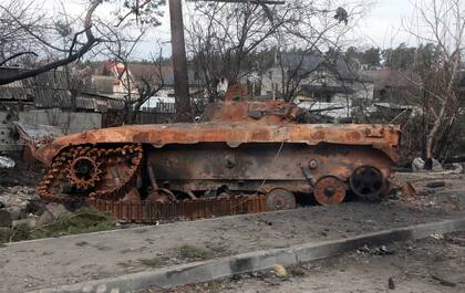 KYIV REGION, UKRAINE - A damaged tank is seen in the city liberated from the russian occupiers, Hostomel, Kyiv Region, north-central Ukraine (Photo by Hennadii Minchenko/Ukrinform/NurPhoto via Getty Images)