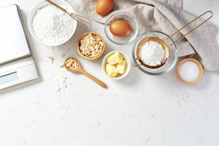 Baking,And,Cooking,Ingredients,,Butter,Flour,Eggs,And,Slivered,Almond