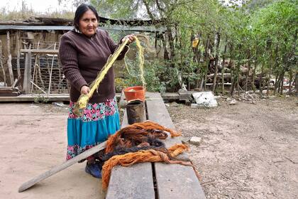 Guillermina Gómez muestra cómo secaron el "chaguar", la palma con la que tejen sus artesanías y de dónde proviene el nombre de la asociación Chitsaj