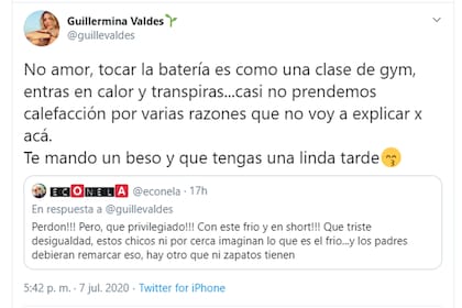 Guillermina Valdes le respondió a un usuario que la criticó en Twitter