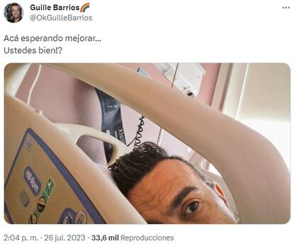 Guillermo Barrios publicó su primera foto desde el sanatorio donde se encuentra internado