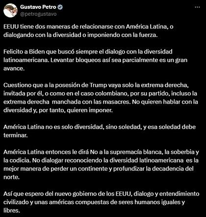 Gustavo Petro, presidente de Colombia, señaló las invitaciones a la toma de protesta en EE.UU. como solo de "extrema derecha"
