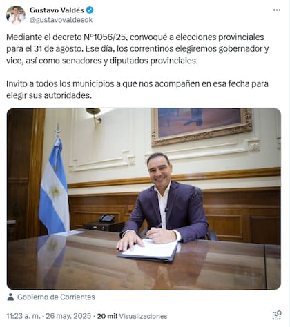 Gustavo Valdés, el gobernador de Corrientes, anunció la fecha de las elecciones provinciales
