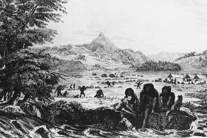 Habitantes fueguinos en Woollya, con el campamento de la expedición Fitz Roy al fondo, en 1831 (1839), cuando Charles Darwin era naturalista en la expedición