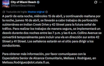 Habrá desvíos vehiculares nocturnos en Miami Beach por los trabajos de perforación