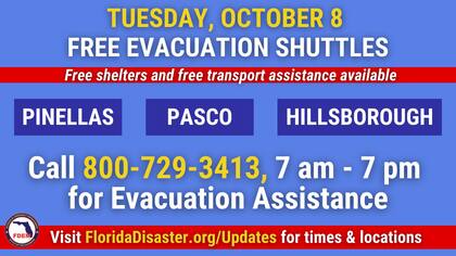 Habrá servicios de transporte gratuitos en los condados de Pinellas, Pasco y Hillsborough para ayudar con las evacuaciones a los refugios