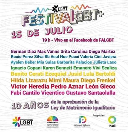 Habrá un festival que se realizará hoy por streaming y podrá verse desde las 19 en las redes sociales de la Federación Argentina de Lesbianas, Gays, Bisexuales y Trans (Falgbt)