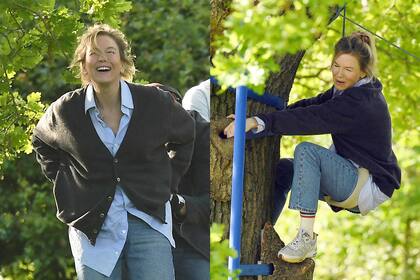 Hace un tiempo, se vio a Renée Zellweger filmando escenas en las que parecía estar trepando un árbol, mientras el personaje de Leo miraba desde abajo