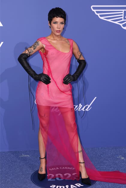 Halsey eligió un vestido irregular en tonos rosados con transparencias para la ocasión
