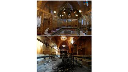 Hamam El Nahasin, en la Ciudad Vieja antes de que fuera dañado el 6 de octubre de 2010 (arriba) y después el 17 de diciembre de 2016