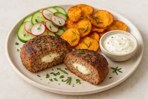 Hamburguesa rellena y chips de batata