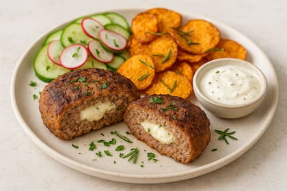 Hamburguesa rellena y chips de batata