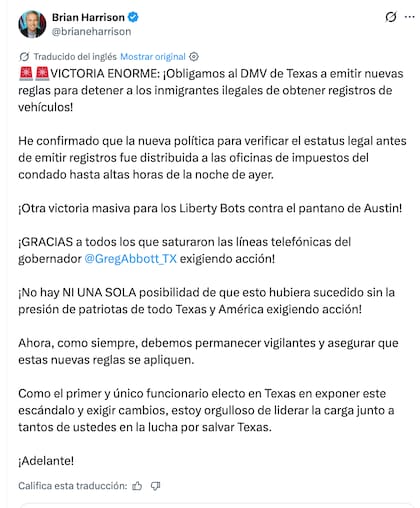 Harrison celebró la medida en sus redes sociales