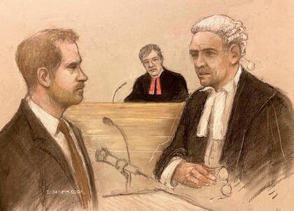 Boceto del artista de la corte de Elizabeth Cook sobre el interrogatorio a Harry por parte de Andrew Green 