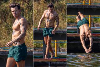 Harry Styles lució sus tatuajes y combatió las fuertes temperaturas con un refrescante chapuzón en Londres