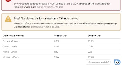 Hasta el 12/12, de lunes a viernes el servicio circulará con modificaciones en los primeros y últimos trenes por obras en zona de vías