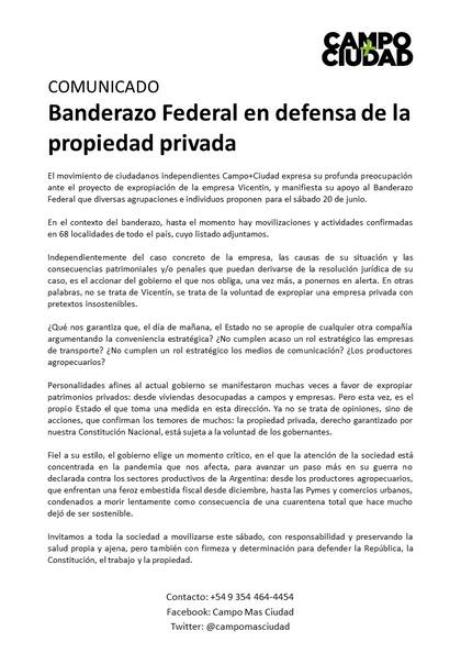 Comunicado de la convocatoria para el banderazo federal contra la expropiación de Vicentin