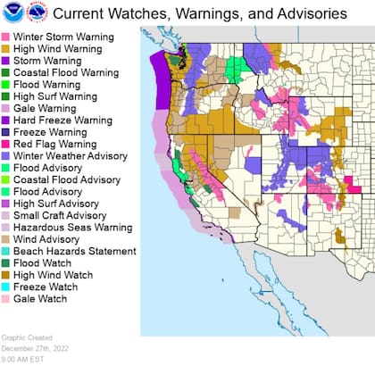 Hay un mapa de las alertas, avisos y advertencias vigentes en todo el Oeste de EE.UU. por el intenso clima