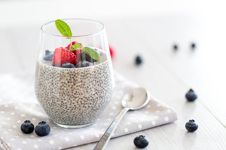 Healthy,Chia,Pudding,With,Almond,Milk,In,A,Glass