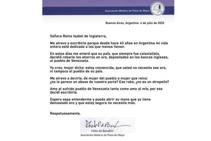 Hebe de Bonafini le mandó una carta a la reina Isabel para pedir que devuelva el oro a Nicolás Maduro