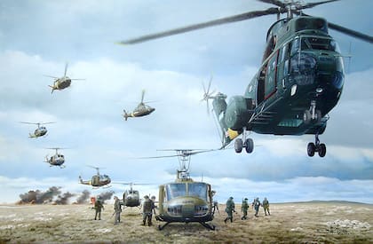 Helicópteros de la Aviación de Ejército replegando tropas desde Puerto Darwin