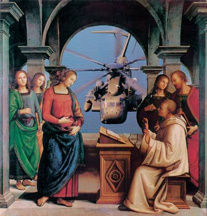 Helicótero (1988), de la serie Collages y relecturas de la Biblia, de León Ferrari