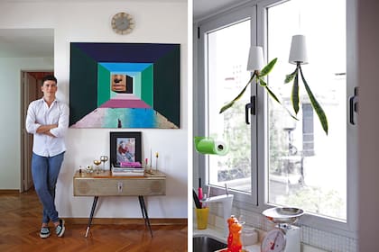 Hernán junto a su tocadisco años 50. Pintura abstracta de Federico Gavelini. Macetas de Boskke.