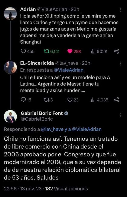 Hilo de tuits en el que el presidente de Chile, Gabriel Boric, defiende su vínculo con China.