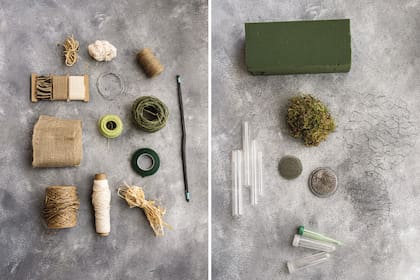 Hilos de distintos tipos, cintas, alambres (izquierda), espuma floral, malla de gallinero, musgos, tubitos de ensayo y kenzan o pinchaflores (derecha): materiales básicos para armar diseños florales.