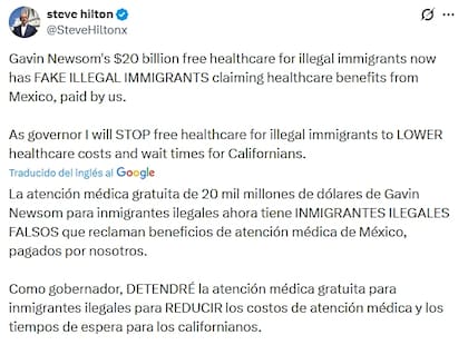 Hilton señala que como gobernador, terminará con la atención médica gratuita para los migrantes sin estatus legal
