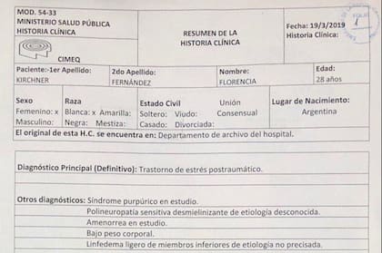 Historia clínica de Florencia Kirchner, publicada por Cristina