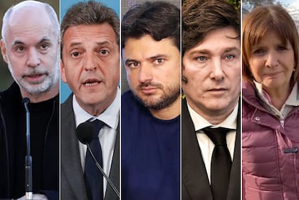 Hoacio Rodríguez Larreta, Sergio Massa, Juan Grabois, Jaiver Miley y Patricia Bullrich, precandidatos de las PASO de este domingo
