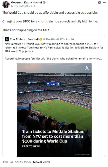 Hochul aseguró que el Metropolitan Transportation Authority (MTA, por sus siglas en inglés) no iba a imponer esas tarifas durante el torneo deportivo