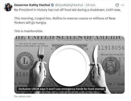 Hochul calificó de "indefendible" la decisión de Trump de cortar las ayudas alimentarias por el cierre de gobierno