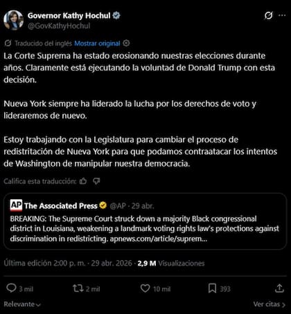 Hochul se suma a las criticas contra la resolución de la Corte Suprema