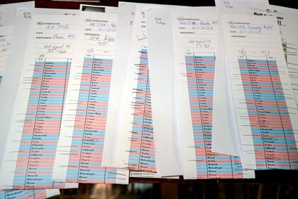 Hojas de recuento de votos se ven en la galería de prensa después de una agitada serie de votaciones de enmienda y la aprobación final del gran techo de la deuda y el paquete de recortes presupuestarios, en el Capitolio en Washington, jueves, 1 de junio de 2023. 
