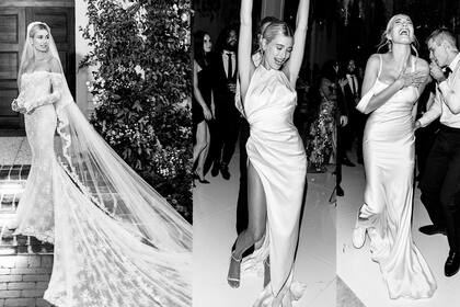 Para la ceremonia, Hailey llevó un vestido de encaje con escote off-shoulder de Virgil Abloh. Durante la recepción, lució un vestido de seda con escote halter de Ralph Russo, que combinó con sandalias de Jimmy Choo. Para el dancing, optó por un vestido de Vera Wang con sneakers.