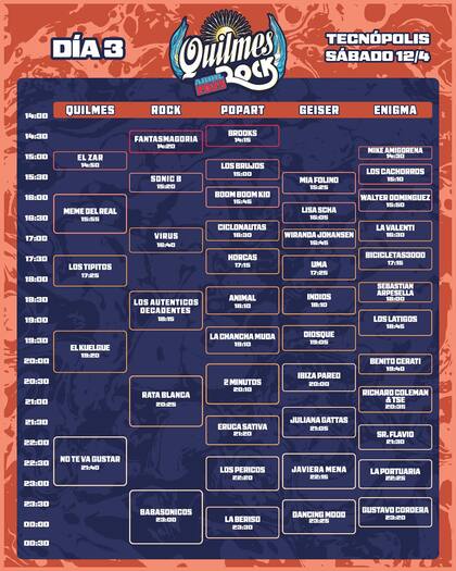 Horarios del día 3 del Quilmes Rock 2025