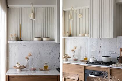 Horno y anafe (Longvie). Mesadas y alzada de cuarcita 'Salvatore' (Canteras del Mundo) trabajada por Ragomar. Lámparas amuradas (I Wish). Objetos (Cari Ríos, Casa Social y Mínima Huella).