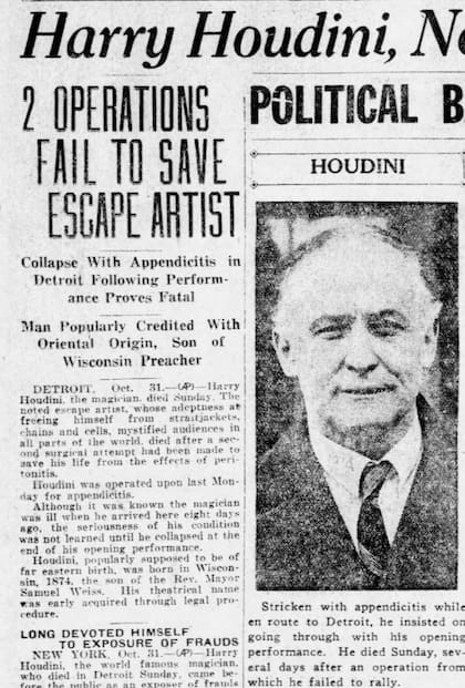 Houdini murió en 1926, la noche de Halloween, por peritonitis