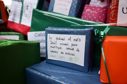 Hoy, en Palermo, los manifestantes hicieron una escultura con regalos en la que pedían la reinversión en el sector ciencia y técnica