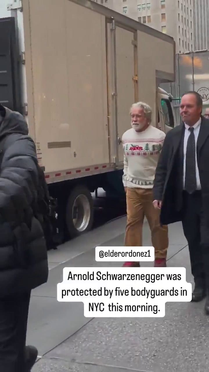 Arnold Schwarzenegger caminó por las calles de Nueva York y sorprendió con su look navideño (Twitter @@dom_lucre)