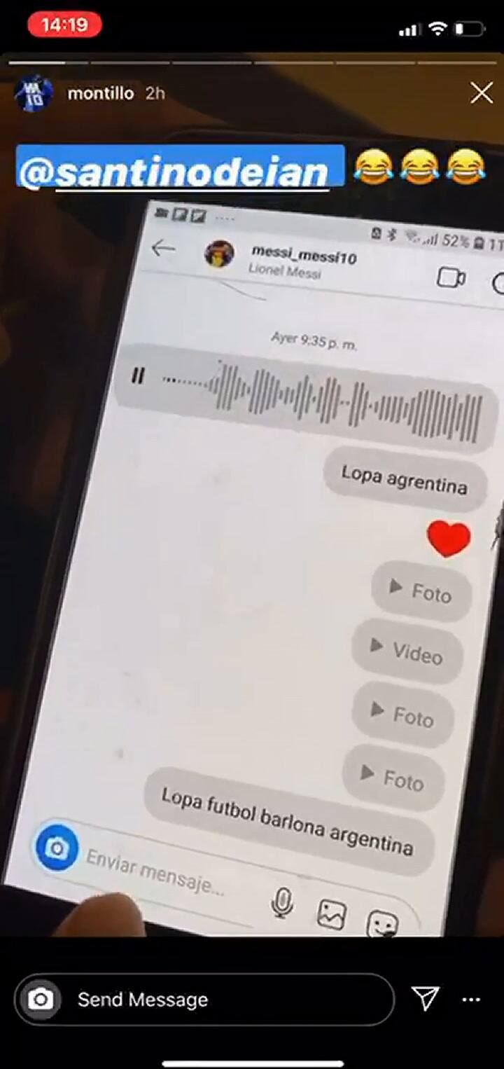 El hijo de Walter Montillo mensajeó a Messi, Piqué y Suárez
