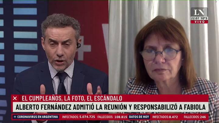 Patricia Bullrich: 'Es terrible que el Presidente le eche la culpa a su mujer'
