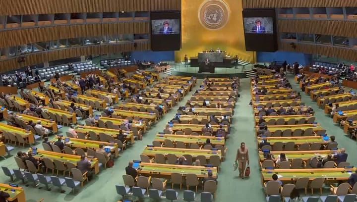 El auditorio de la ONU a medio llenar cuando habló Milei
