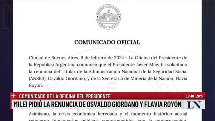 Comunicado de la Oficina del Presidente: Milei pidió la renuncia de Osvaldo Giordano y Flavia Royón