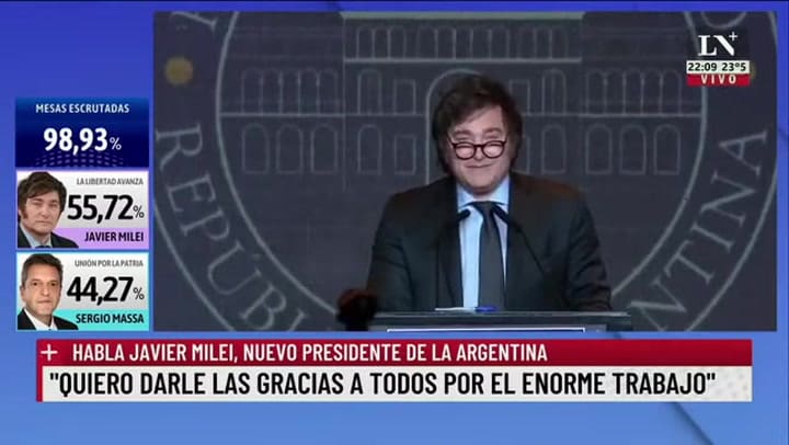 Milei es el presidente electo al vencer a Massa por casi 12 puntos: "Hoy comienza la reconstrucción"