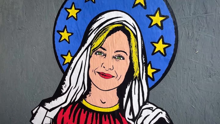Meloni como Santa Giorgia del Banksy italiano