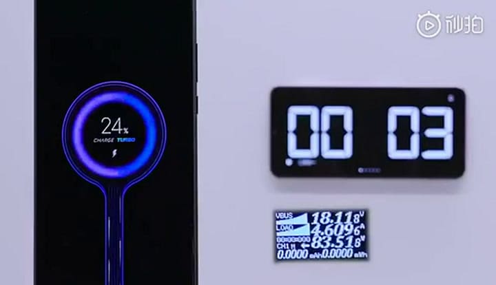 El sistema de carga de Xiaomi para completar 4000 mAh en 17 minutos - Fuente: YouTube