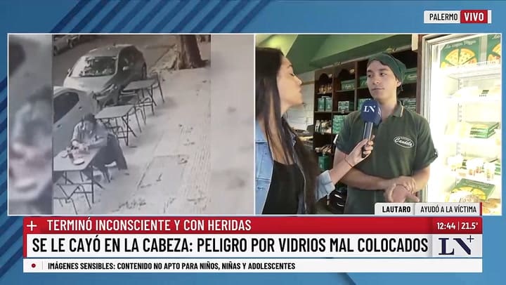 Uno de los empleados de la cafeteria relato en dialogo con LN+ como asistieron a la victima minutos despues del impacto del vidrio